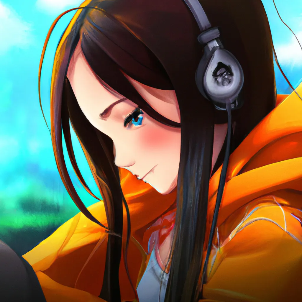 Prompt: disney key visual of an anime girl with long black hair, orange hoodie, bored, listening to music on earphones, brown, orange, green and dark blue colour palette; Digital art, trending on artstation, Photorealistic Illustration, anime key visual, cinematic, Ultra Detailed , sword art online  abec 2008 , a screenshot of x ( anime series sword art online SAO)