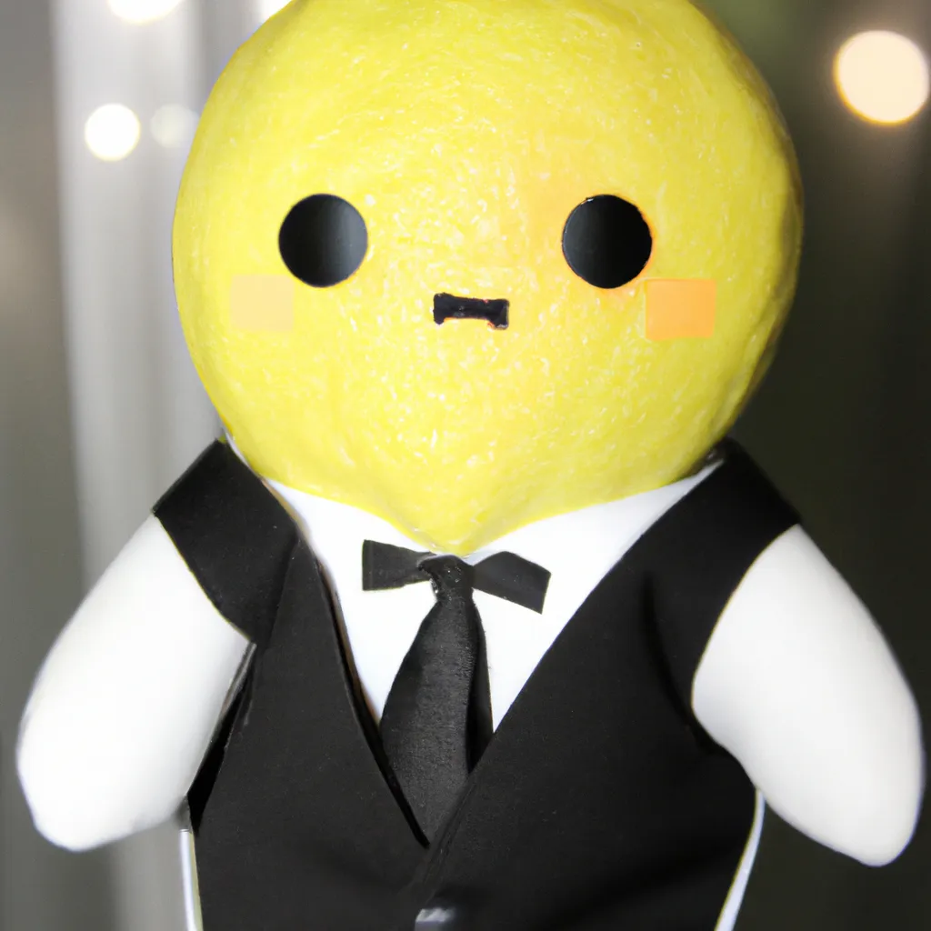 Prompt: cute lemon plushy by sanrio tie and black tuxedo t-shirt, soft lighting,