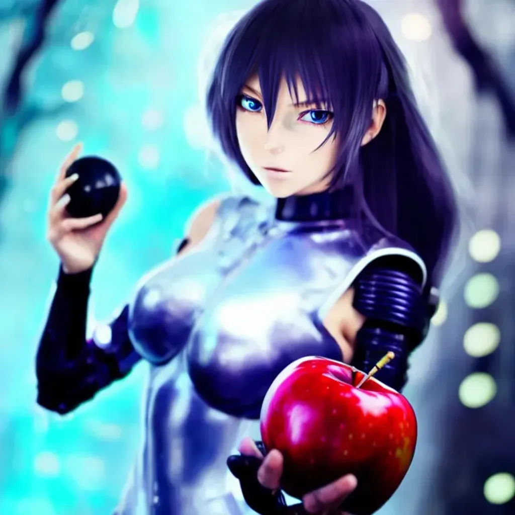 Prompt: anime style of a beautiful female cyborg with long blue hair glowing red eyes, holding apple, filigree golden armor intricate detail, cyberpunk 2077 android, style of top supermodel, Unreal Engine 5, highly detailed, 4k, hyper-realistic, intricate detail by Gabriel Picar