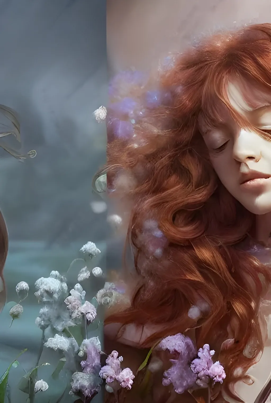 Prompt: a highly detailed epic cinematic concept art CG render digital painting artwork Beautiful young woman with hazel eyes, curly auburn hair, hydrangea blossom, romantic,  trending on ArtStation, cinematic colors, rendered in Maya, Blender and Photoshop, octane render, golden ratio composition, cinematic atmosphere, dynamic dramatic cinematic lighting, precise correct anatomy, aes