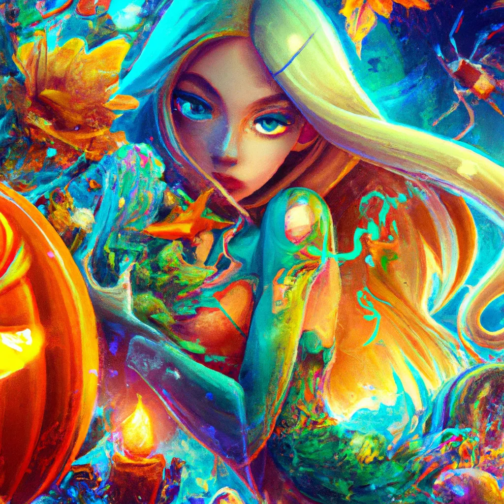 Prompt: Detailed hyper realistic ultra realistic sharp clear digital airbrush by Anna Dittmann, preston blair, Tom Bagshaw, eyvind earle, tim Burton, Gil Elvgren. Movie still poster of A Scary Haunted Horror spooky ghost woman and an supernova alien robot with computer screens in a autumn landscape. Desire love ghosts friendship blessings femininity strength healing ecology pumpkins lillies magic steampunk  robots black hole. Playing Hide and seek.