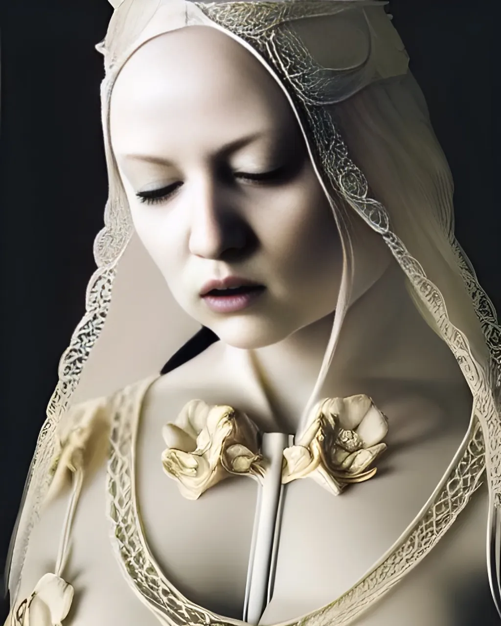 Prompt: Portrait. glossy. white. porceline statue of beautiful woman. gold laces intricate, made by antonio corradini, and dug stanat macabre art, dark, epic. cinematic, volummetric light, texturized, detailed, high graphics 8k