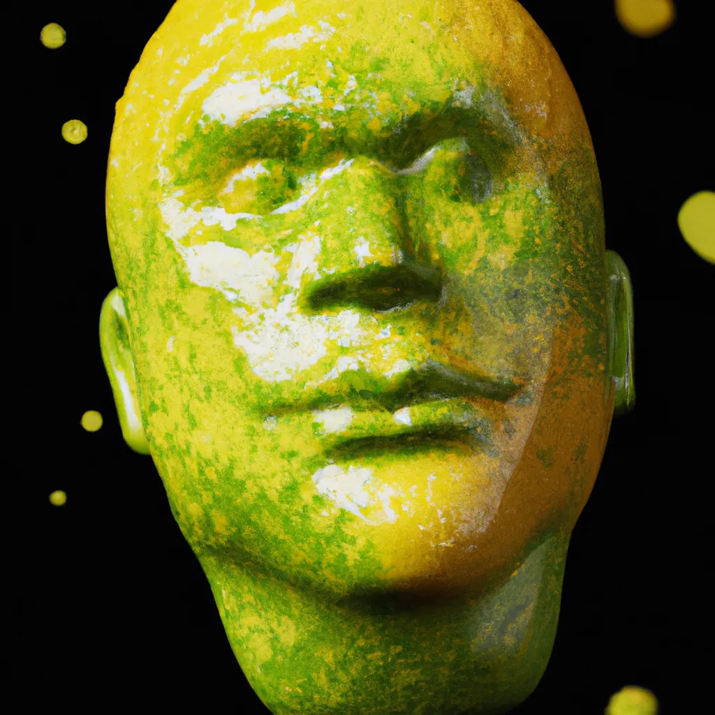 Prompt: lemon by Ben templesmith, octane render, superhero portrait of black light paint, splashes of colors, comic book art, sculpture, yellow and orange and green, manly, lemon shaped, lemon head, leaf coming out of top of head, smug, colour splat, extrema close up, just the face