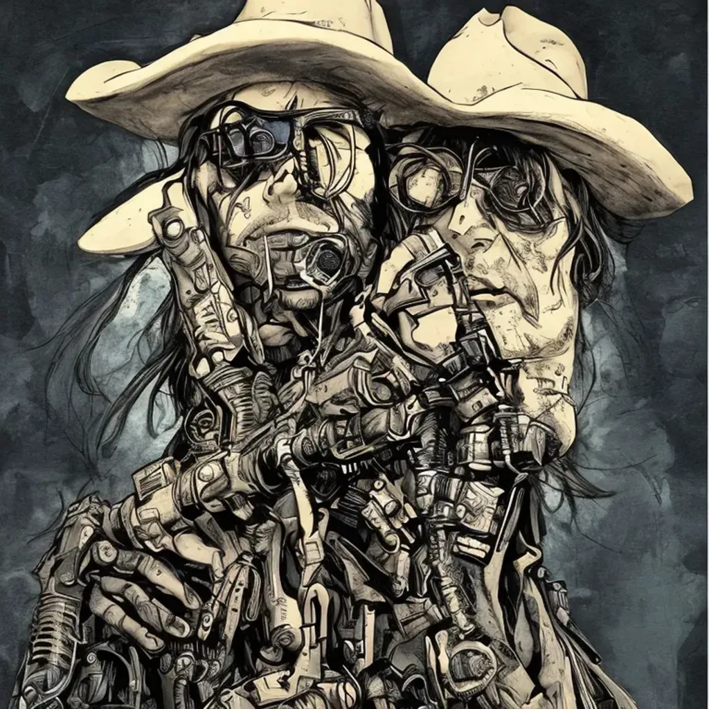 Prompt: cyberpunk cowboy sheriff , detailed , surreal, hq, in the style of Ashley Wood and Moebius and in the style of HR Giger