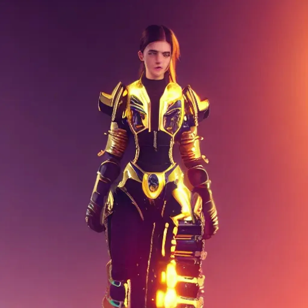 Prompt: Female Avatar wearing futuristic black and gold armor with gold trim, Steampunk Tech, Yellow and Blue Hypereactor lighting, cinematic lighting, fashion fashion, hyperrealism, octane render, trending on artstation, Beam nightmare, Emma Watson 