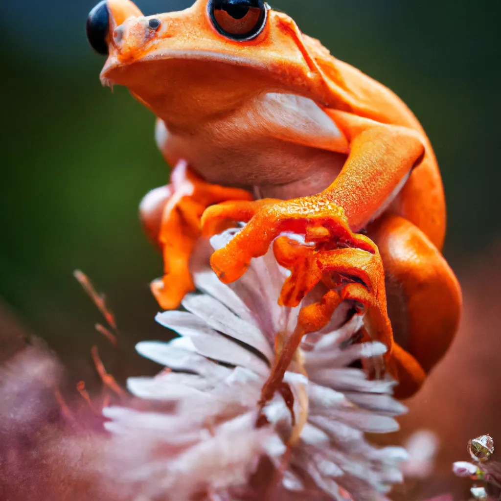 Prompt: orange frog cute. Beautiful, by N. C. Winters and Giuseppe Arcimboldo, gustav doré, Amanda sage, Tom bagshaw, Matt hubel, Anne stokes, professional photography, Vladimir manyukhin, Dan mumford Holographic moody, imposing, arcane, ethereal: magnificent: cinematic: masterpiece: divine: amazing depth of field