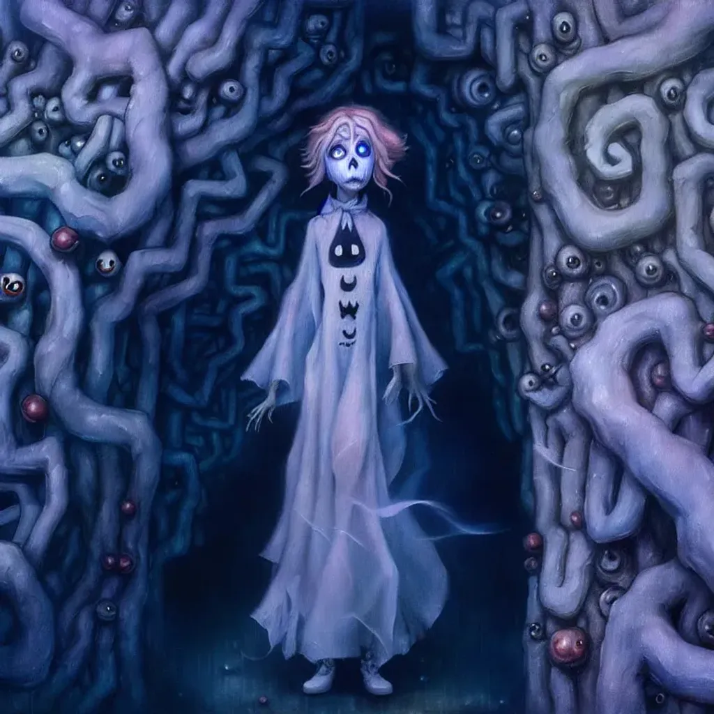 Prompt: An expressive surrealism oil painting of a ghost in cosplay costume lost in a maze. By Tim Burton, Anna Dittmann and Elsa Beskow. 
spooky, foggy atmosphere. Scary. Haunted. Bokeh. Concept art. Highly detailed, expressive surrealistic oilpainting, colorful, digital art, digital airbrush, 8K.  Clear Detailed sharp Cartoon anime manga cover by Anna Dittmann, tim Burton, Gil Elvgren, Tom Bagshaw.