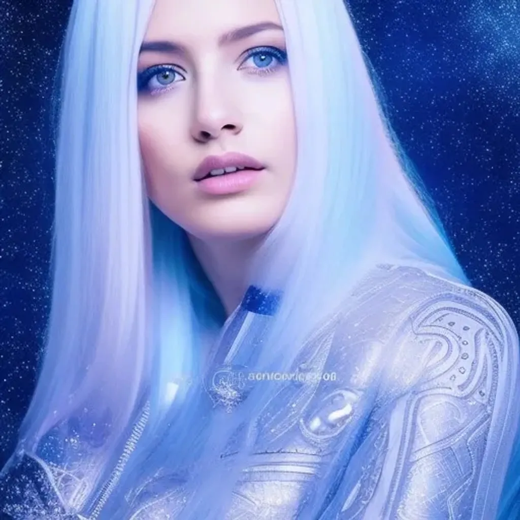 Prompt: cute beautiful {russian} child girl from another civilization and race, dressed in beautiful soft transparent silver clothing with geometric symbols, standing on the spaceship, Multidimensional reality, parallel world, closeup portrait with soft light bokeh, , beautiful intricate {white and soft blue hair}, natural color of lips, symmetrical face, anime wide blue eyes, soft lighting, {deep blue eyes with ultra details}, {deep blue eyes with light reflections}, {{{ultra high blue eyes render details}}}, ultra-realistic soft lighting, {smooth soft skin}, sharp eyes, cute smile, {eyes with reflection}, bright soft light from the behind, {5 fingers with ultra high details and render quality}