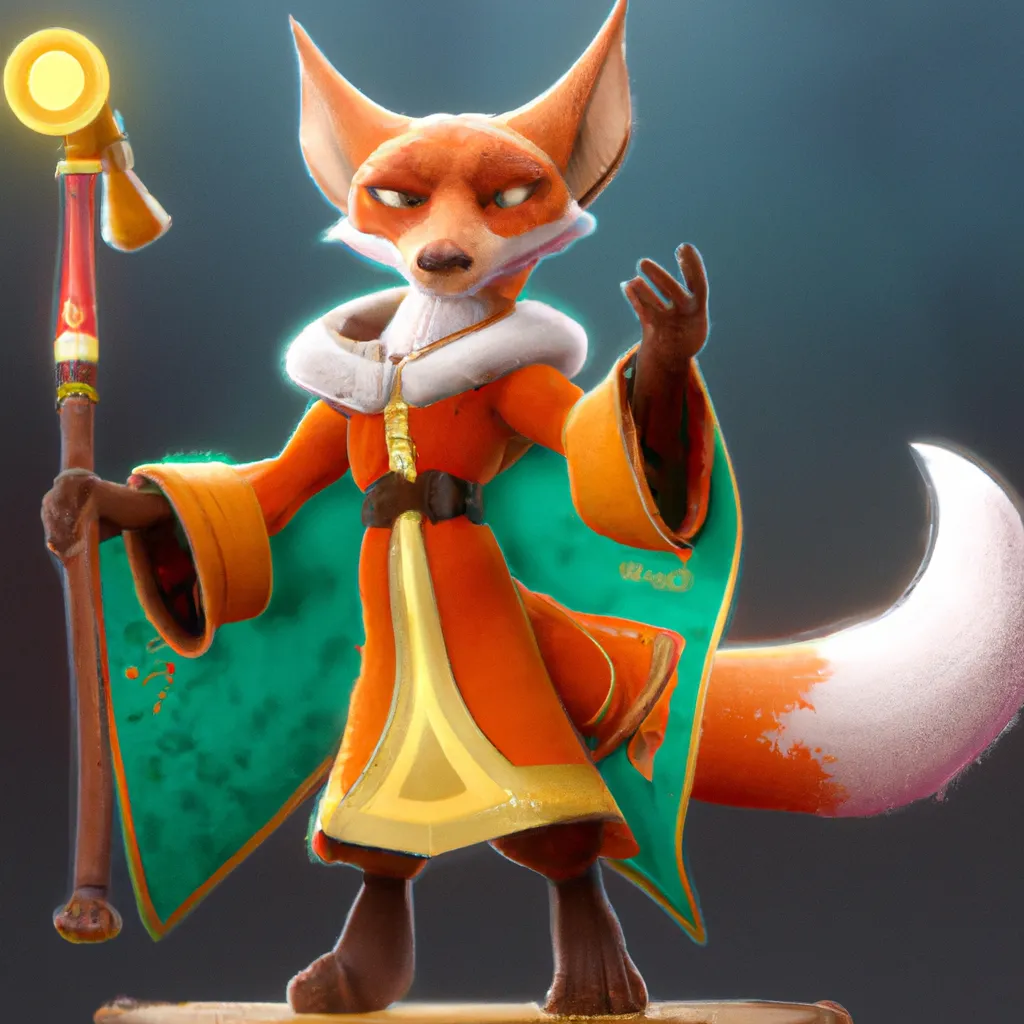 Prompt: fox with a mantel and a Light Sword character, cartoon style, all body, light in Octane Render, High Resolution, Artstation 1