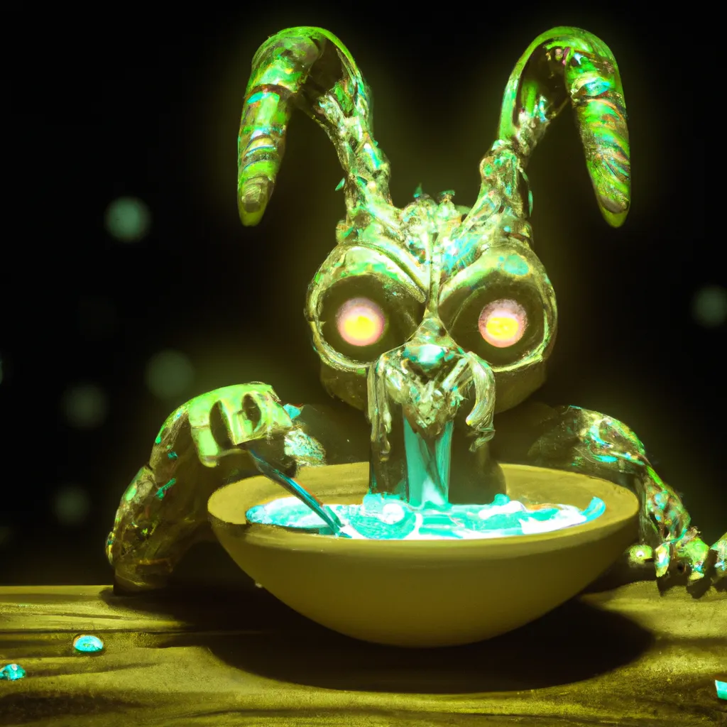 Prompt: A creepy badbunny sitting on a table eating cereal with slime dripping down mouth. Slimey render picture portrait,art dark fantasy.