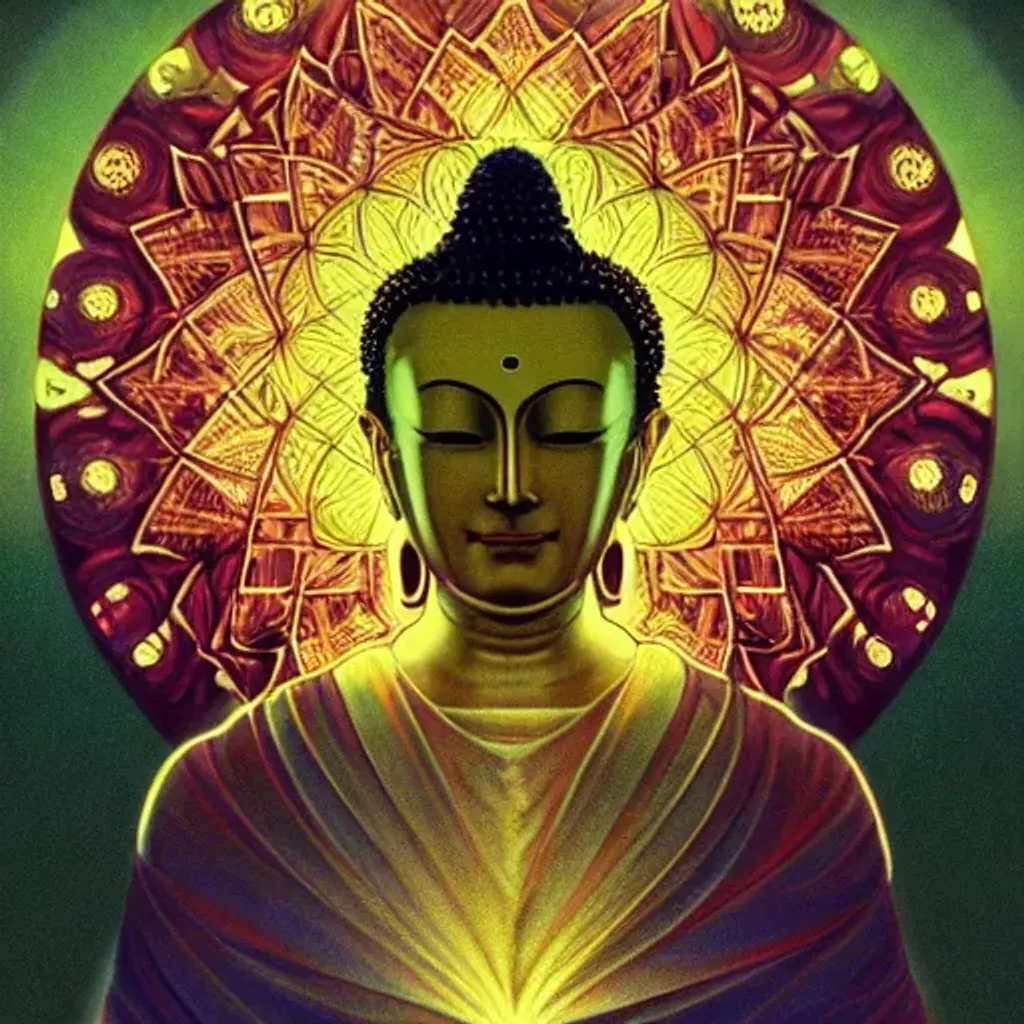 Prompt: Buddha, symmetrical, Psychedelic light, smooth, sharp focus, illustration, lineart, by greg rutkowski and alphonse mucha, soft shadows, concept art, super detailed, unreal engine 5, octane render, vfx, houdini, super realistic, ufotable studio art style, global illumination, trending in pixiv, dramatic color, ray tracing, god rays
