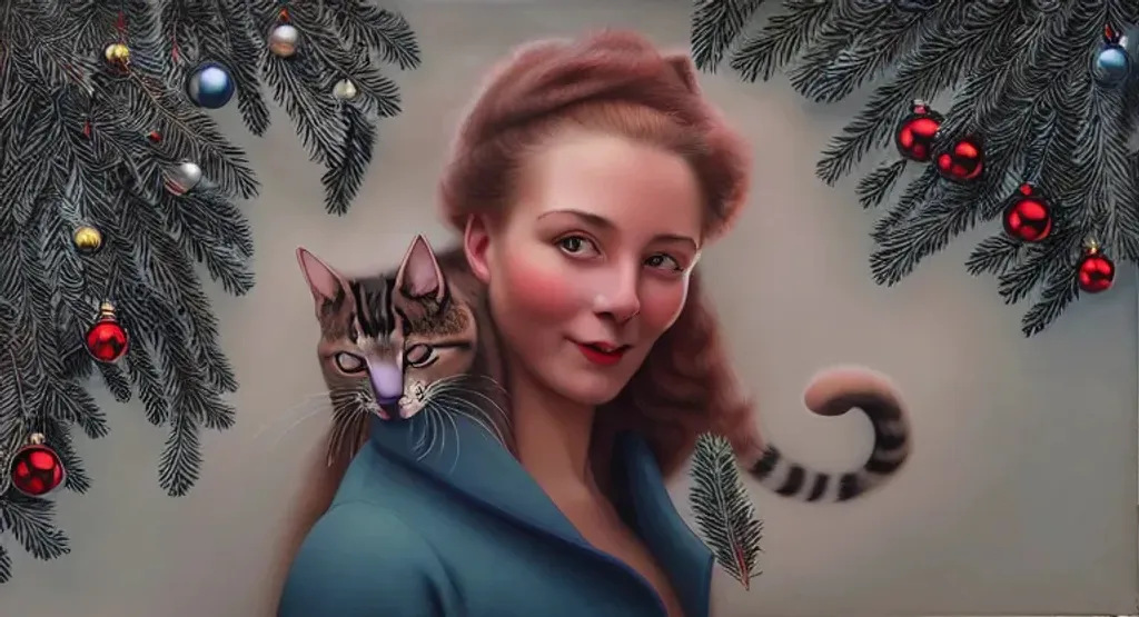 Prompt: young woman, cat on shoulder, attractive, elegant, confident, optimistic, smiling, indigo pine red fulvous silver photorealistic beautiful big eyes, heavenly look, highly detailed modern Christmas style clothing, fine skin details, by Louis Waine,  Amanda Sage, Theodor von Holst, Edwin Landseer, Winter, snowflakes, poinsettia,  Vintage photograph, portrait painting, global illumination, occlusion, volumetric lighting, volumetric mist, sharp focus, 128K UHD Poser, octane 
