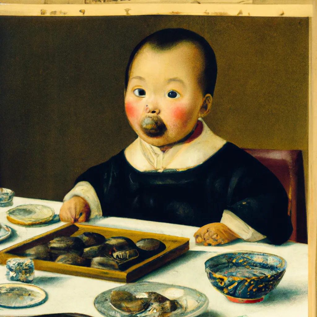 Prompt: Baby at Supper, Face Covered With Chocolate, 1880, London, Yamatoe-style