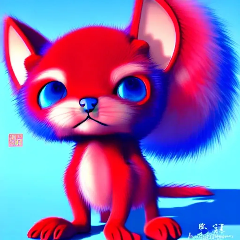 Prompt: kawai 3d furry cyte cuteness creature, character design charadesign, big charming anime manga cute eyes, vorticismcore chronopunk, vivid brilliant red and blue , hyperrealistic fur hyperdetailed