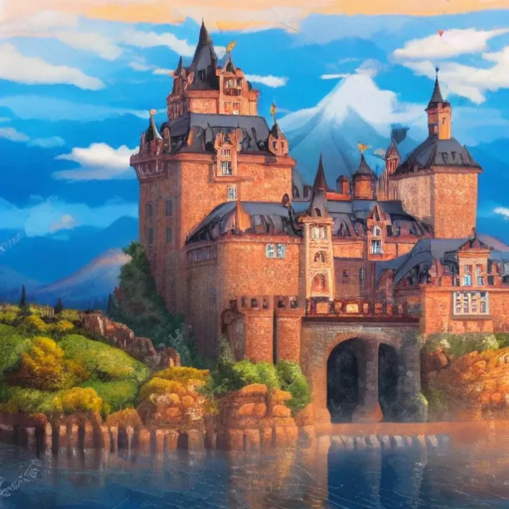 Prompt: anime european castle landscape with mountains

