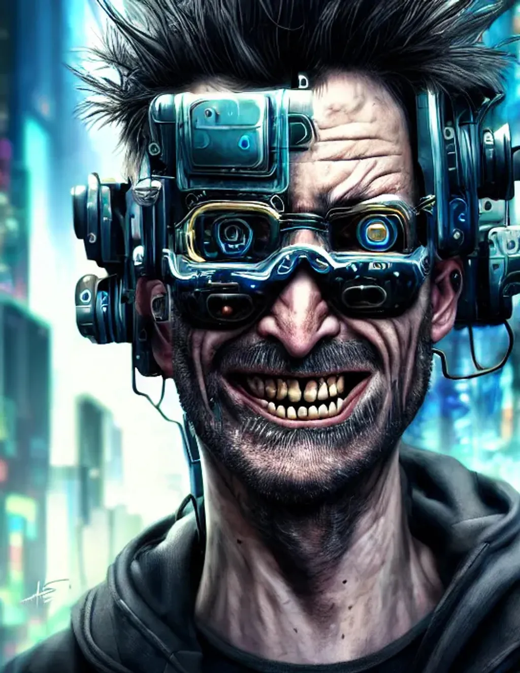 Prompt: Extremely detailed portrait of ugly cyberpunk mad man with random hair with creepy smile, extremely detailed cyberpunk street background , hyperrealistic , 8k, high quality, concept art, trending on artstation, sharp focus, studio photo, intricate details, hyper detailed