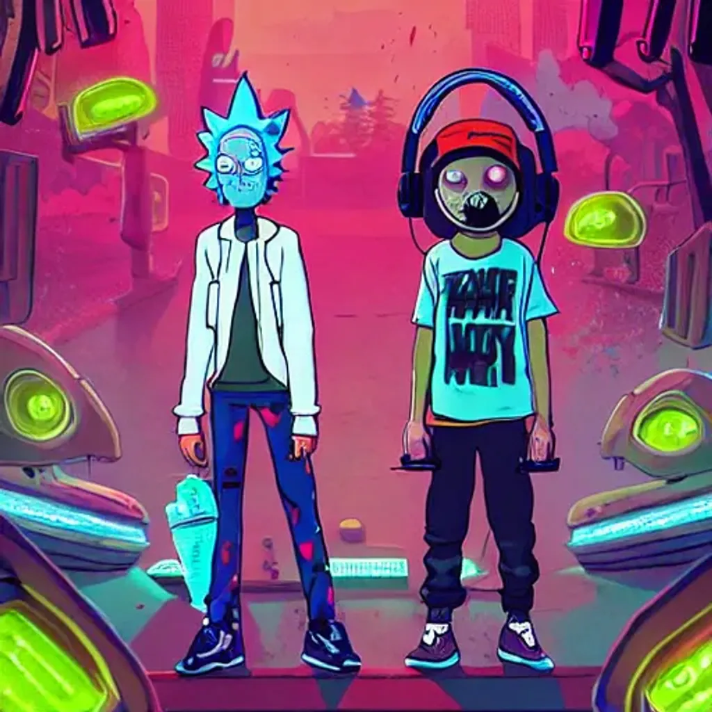 Prompt: Hip hop Rick and Morty wearing streetwear with large vintage robot mask and random cap, headphones, feet wearing sneakers, neon lights, Astral realm ruins environment, very detailed robot full-body with symmetrical eyes, avatar, cinematic lighting, amazing composition , 3d octane render, unreal engine, hyper realistic, soft illumination, trending artstation, environmental concept, trending on ArtStation, all in greys, cinematic lighting