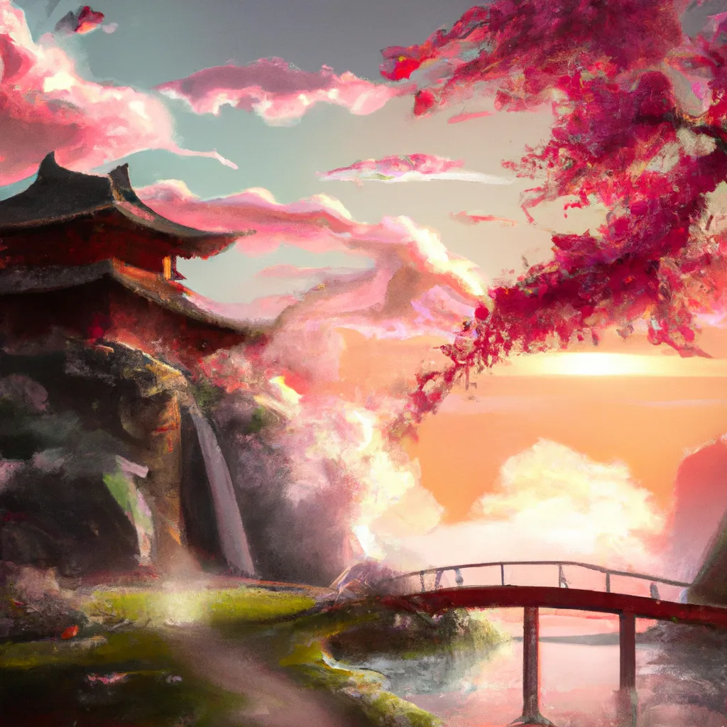 Prompt: Japanese ancient buildings beside a river， sakura blooming. sunset colorful cloud
artstation
