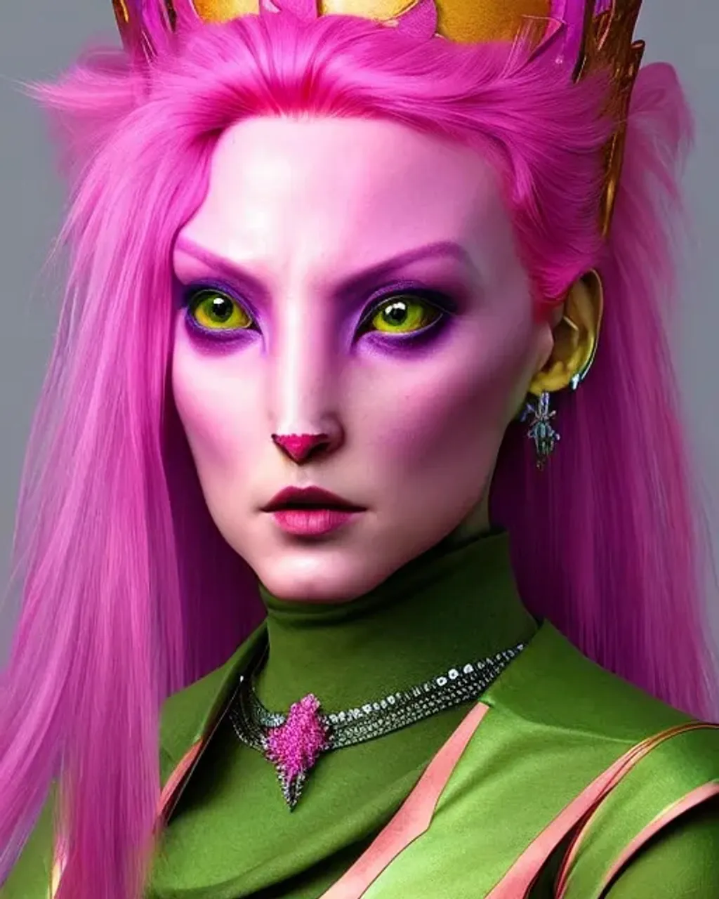 Prompt: a woman with pink hair and a crown on her head, an airbrush painting, zbrush central contest winner, fantasy art, beeple and jean giraud, avatar image, peter kemp, humanoid feathered head, highly detailed vfx portrait of