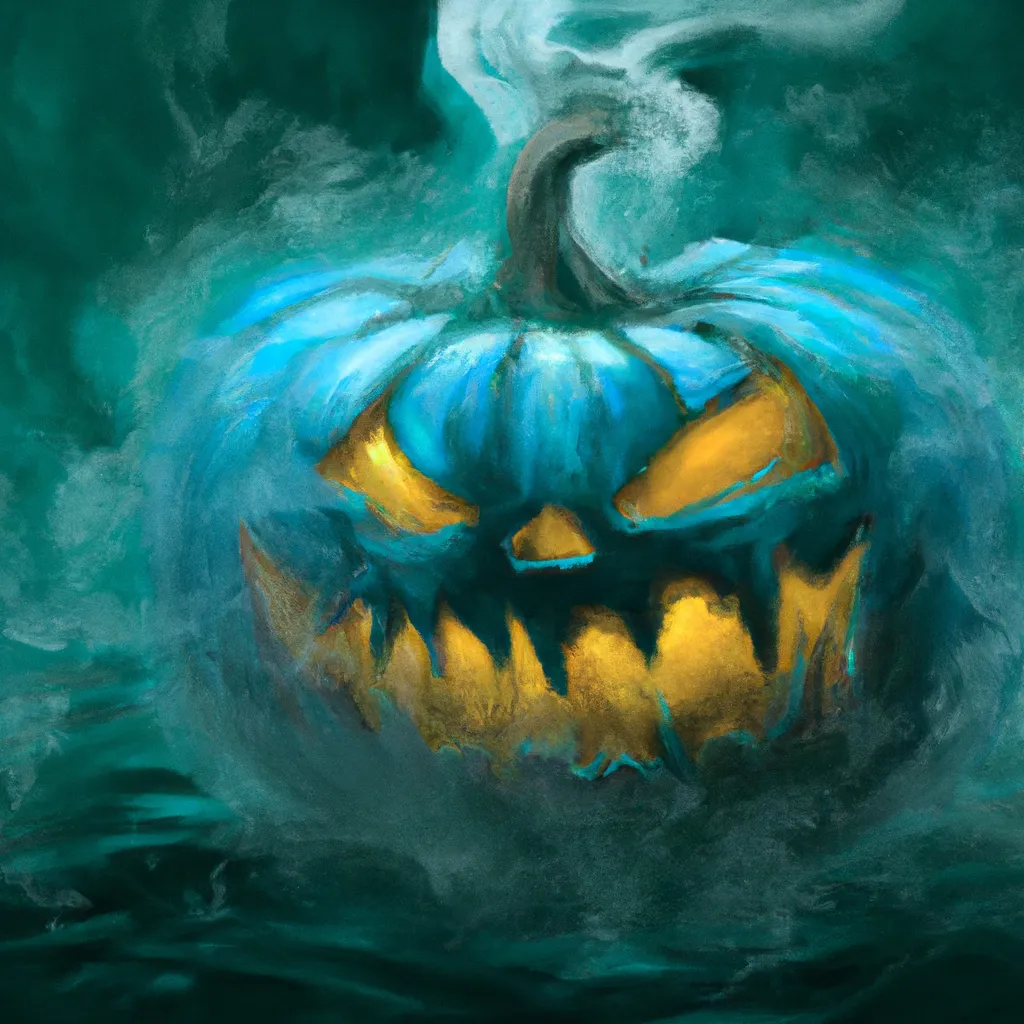 Prompt: high detail digital painting of a carved pumpkin glowing cyan in a misty swamp from far away. glowing smoke is rising from the pumpkin's face. hyperrealistic