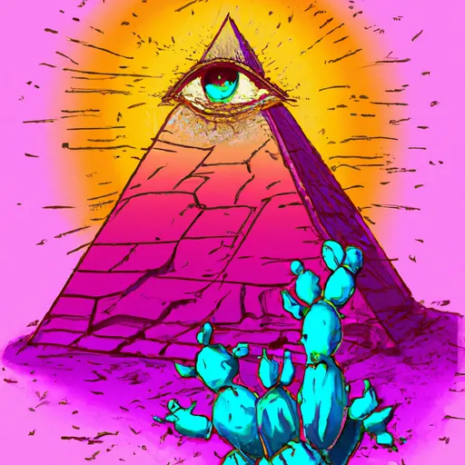 Prompt: detailed 90s aesthetic Illuminati pyramid eye highly detailed, acid trip, desert with cactus 