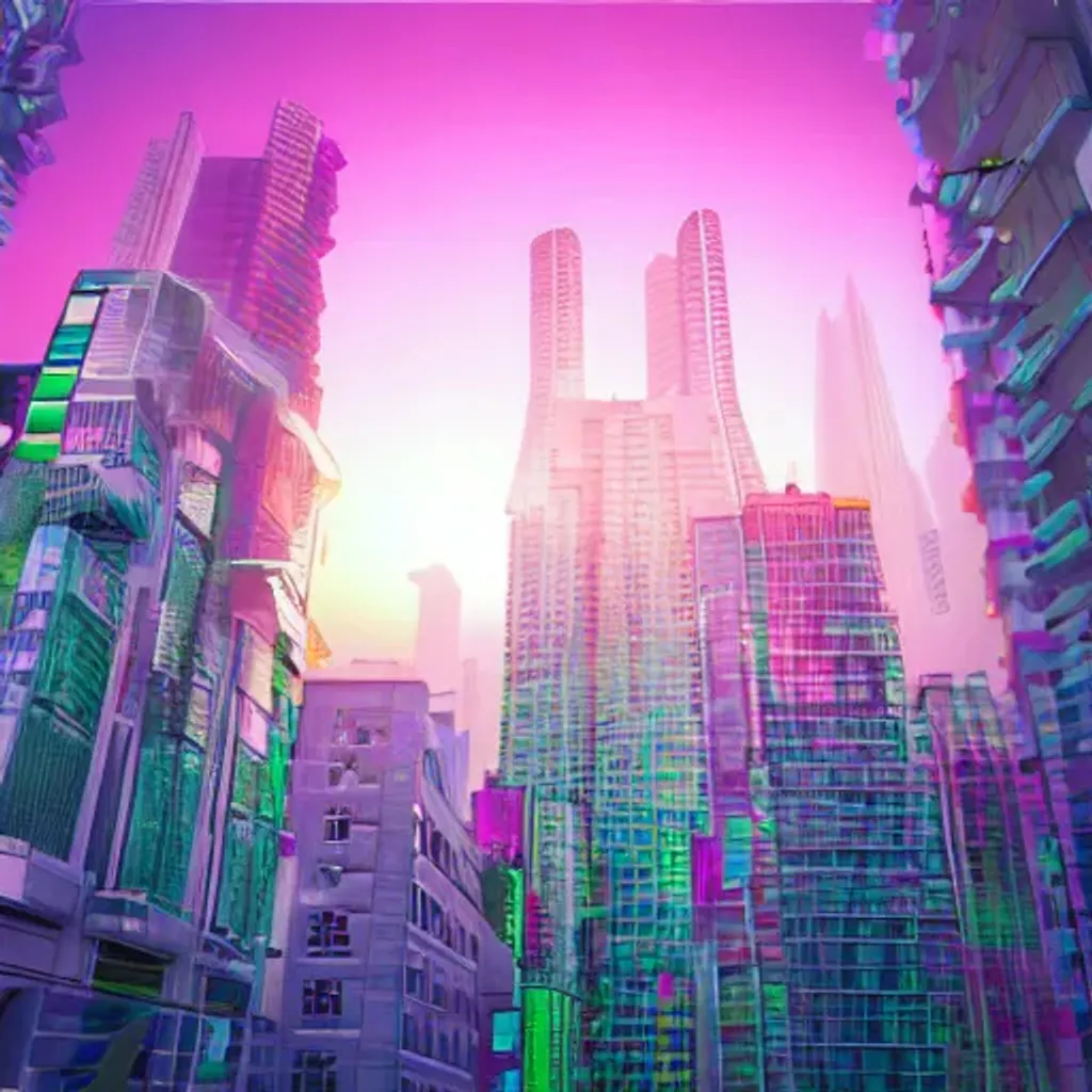 Prompt: city vaporwave realistic 3D low angle shot