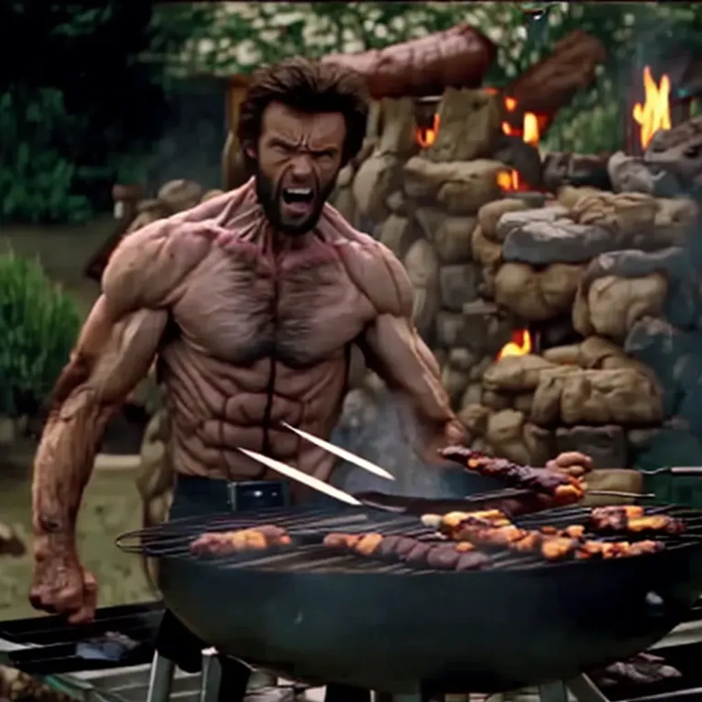 Prompt: Huge Jeckmam as wolverine from x-men’s films stands by the barbecue and roasts kebabs on his claws