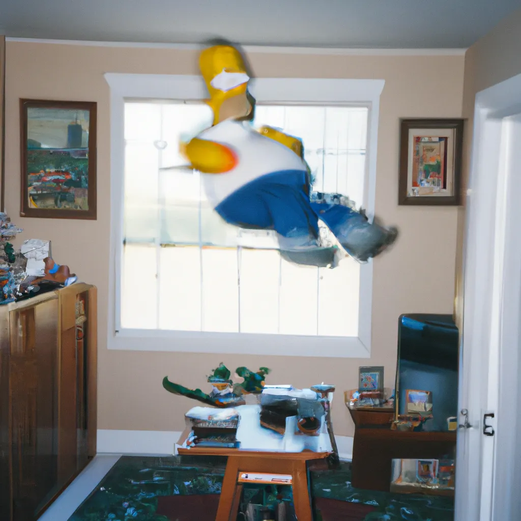 Prompt: 1993 disposable camera photograph of homer simpson levitating through an American home