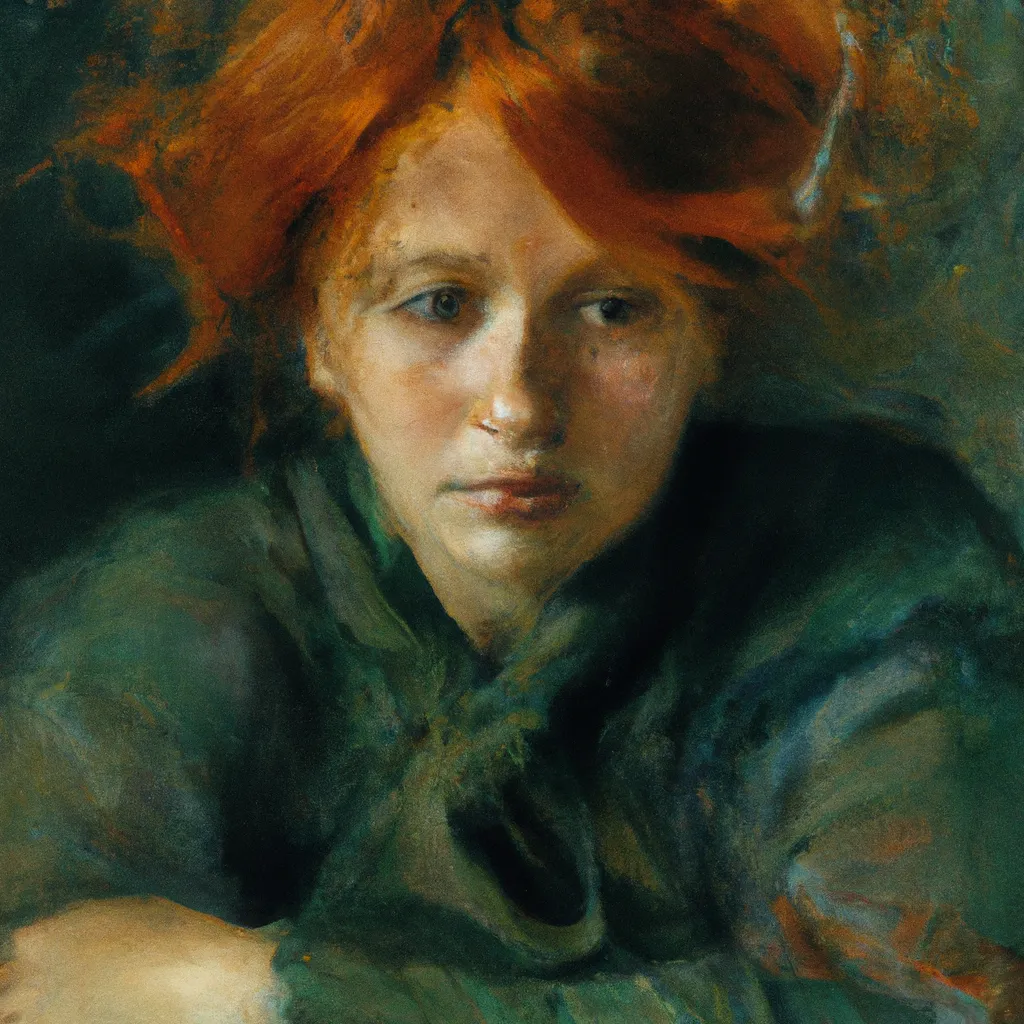Prompt: grim portrait, Adult red haired Girl and Messy Hair, 1960, by Pierre-Auguste Renoirb, nostalgic lighting
