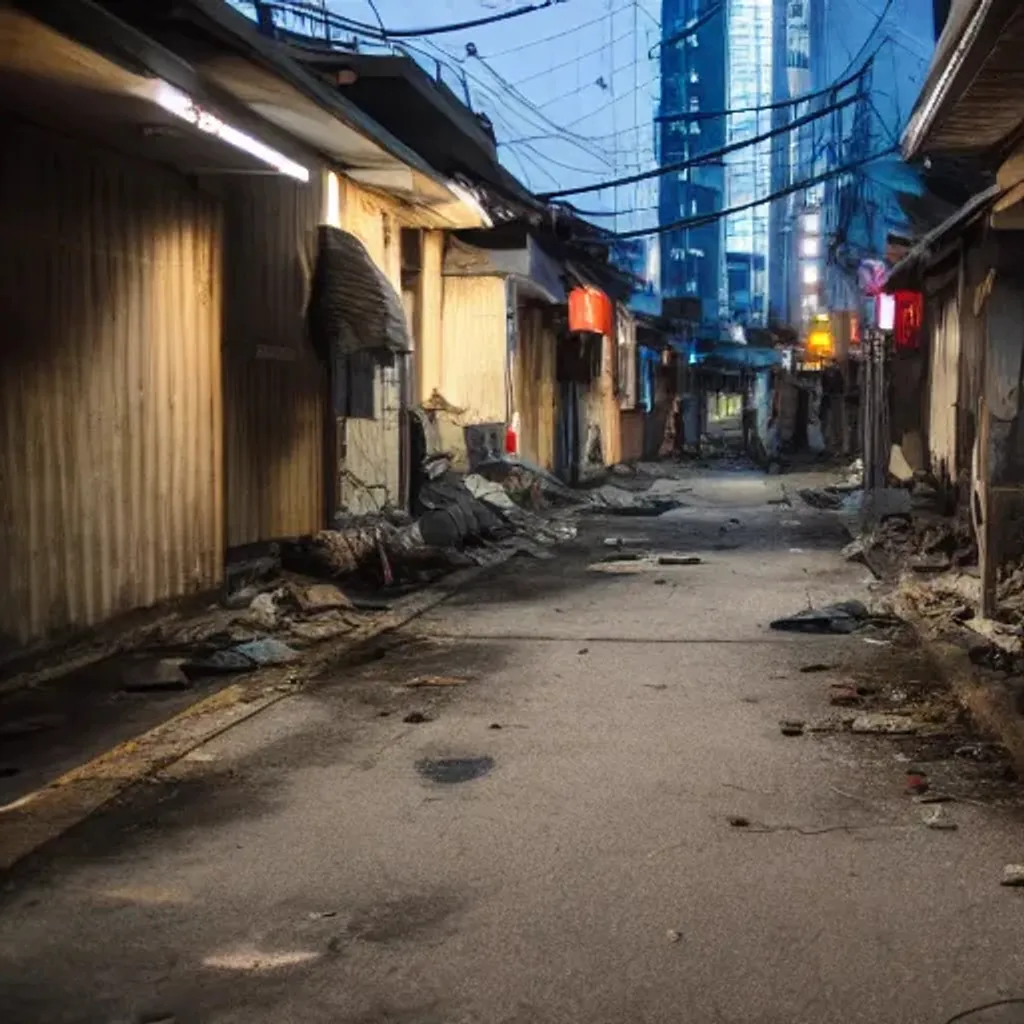 Prompt: abandoned korean street at night, creepy people standing, garbage on ground