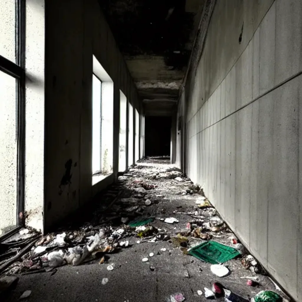 Prompt: abandoned concrete hallways, ground with garbage, covered windows and liminal space, dark