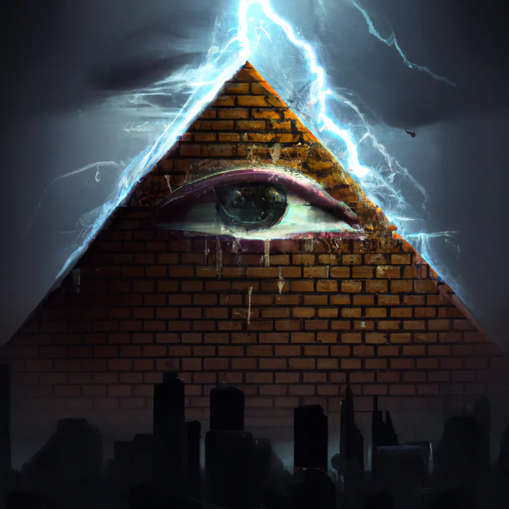 Prompt: hyper realistic, Illuminati evil brick pyramid eye, big city night, lightning, movie poster, cinematic, HD