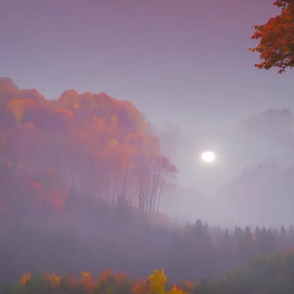 Prompt: hills covered in trees with autumn colors, soft light, at night with city in the distance