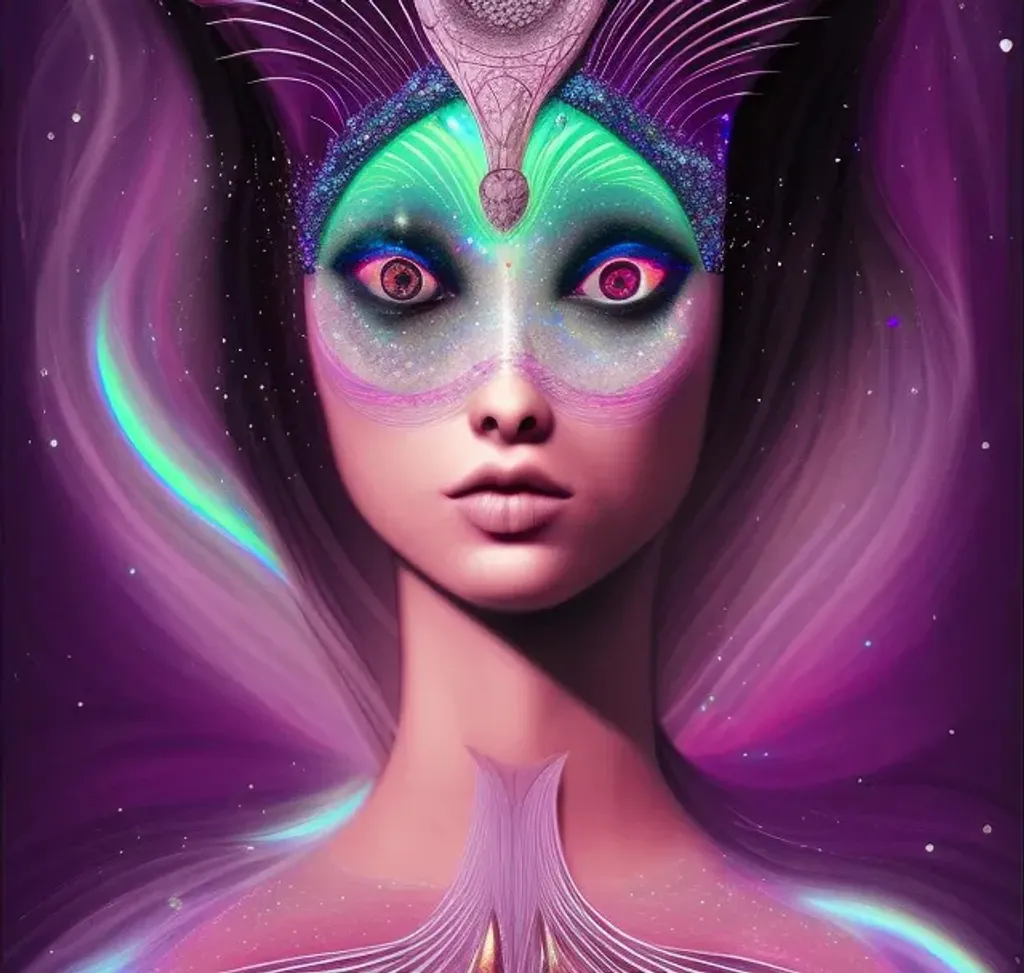 Prompt:  beautiful goddess, wearing glitter and glimmer | fantasy, hyper-detailed, accurate anatomy, symmetrical perfect eyes, symmetrical facial features, sharp focus, volumetric lighting, 64k | karol bak, yoshitaka amano, tom bagshaw, aurora, zbrush cel-shaded, cgsociety | ethereal beautiful astral vaporwave storybook illustration, dark fantasy, bokeh, ultra realistic, high contrast, high resolution scan, trending on artstation 