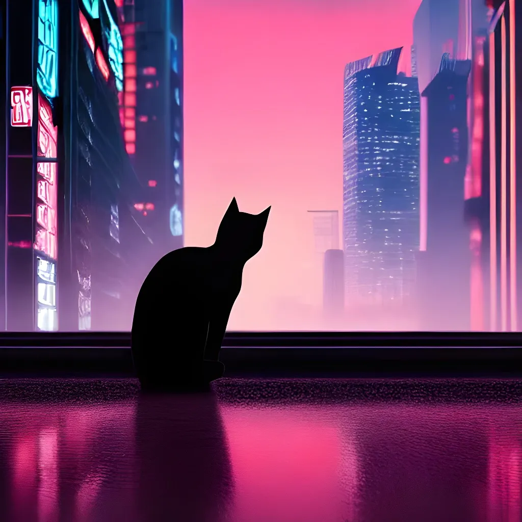 (((silhouette))), cat sitting alone in a cyberpunk c... | OpenArt
