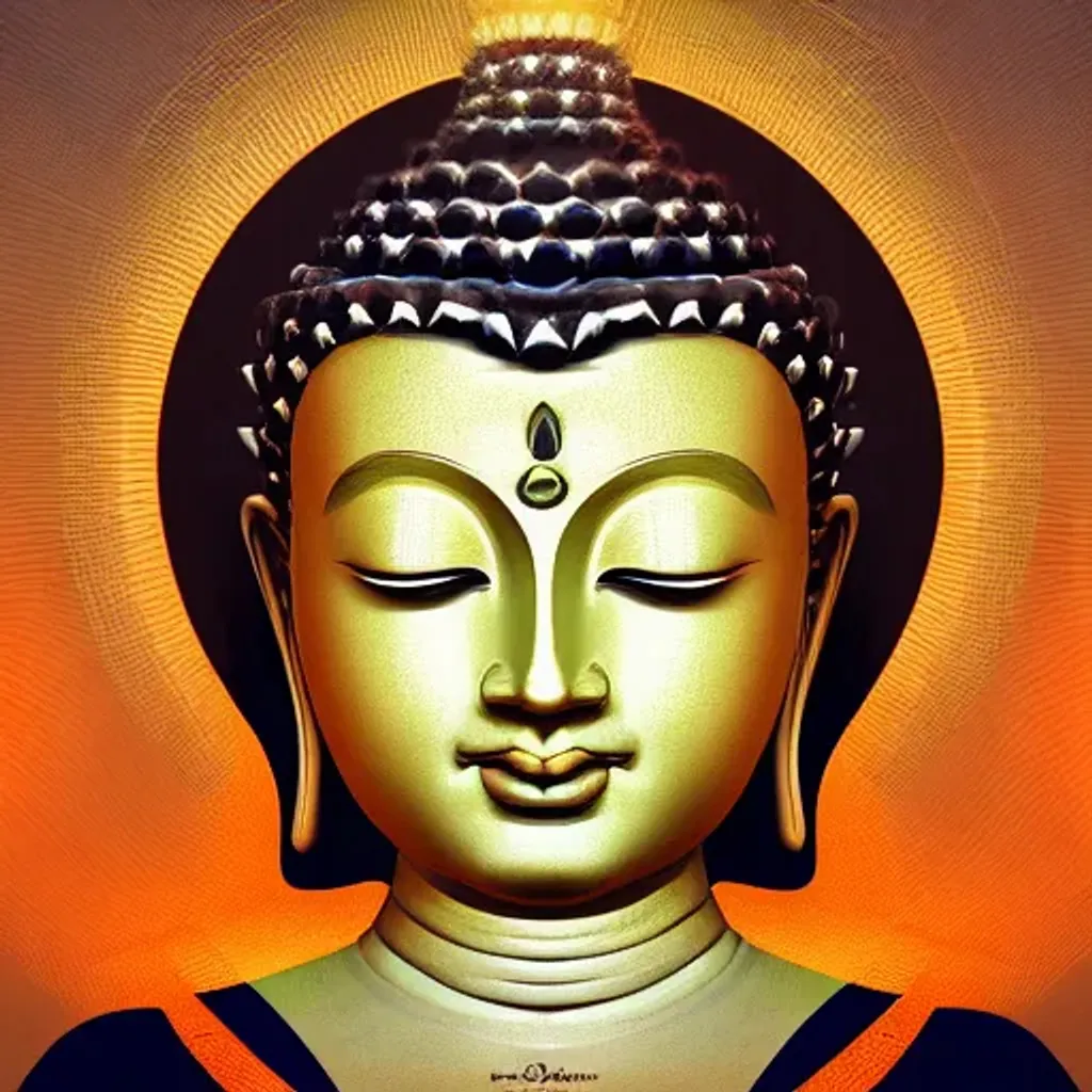 Prompt: symmetrical beautiful buddha, bright orange colors, light rays outside, detailed face, 4k, digital painting, style by WLOP