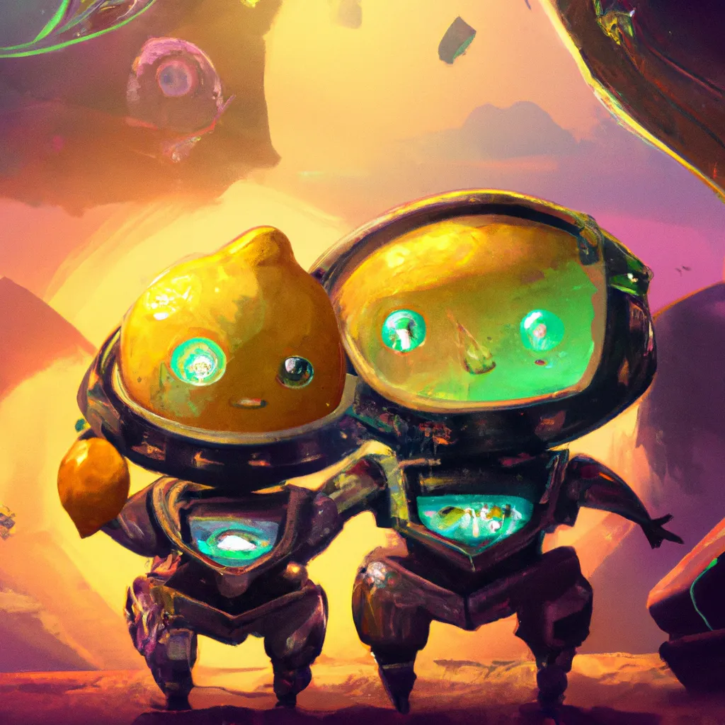 Prompt: the cute lemon Familly character big robots in space, steampunk style, artstation, golden hours, HQ, 4K, center, reference pose Lisa Frank