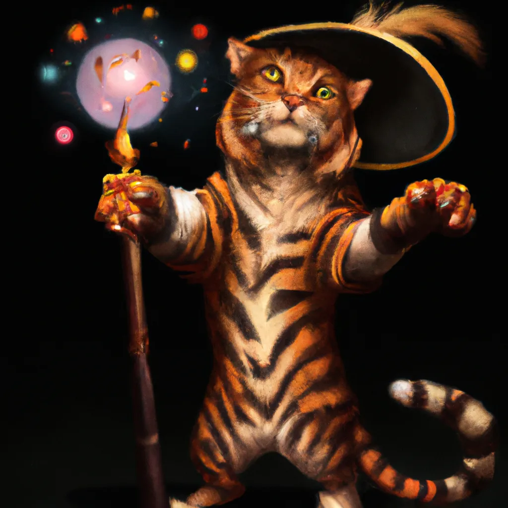 Prompt: A Catfolk bengal tiger is an arcane magician, epic fantasy