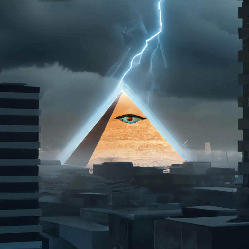 Prompt: hyper realistic, Illuminati evil pyramid eye city night buildings, lightning strike, movie poster, cinematic, dramatic, apocalypse, 