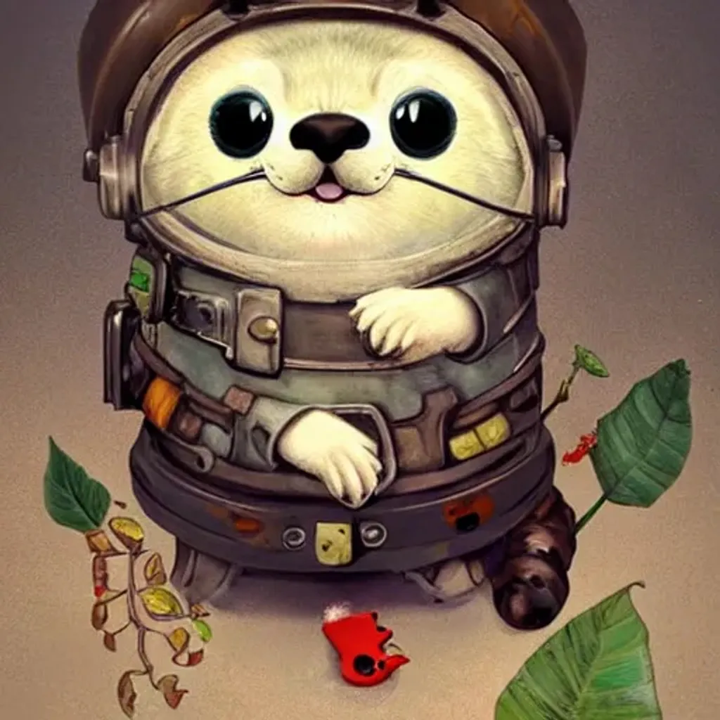 Prompt: Cute and happy ferret with mining helmet decorated with plants, fantasy, dreamlike, super cute, tiende on artstation 