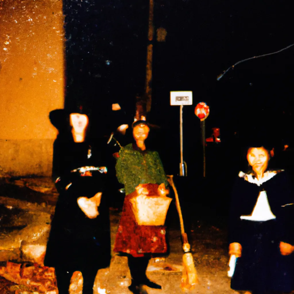 Prompt: 1993 disposable camera photograph of real witches in a abandoned japanese city at night