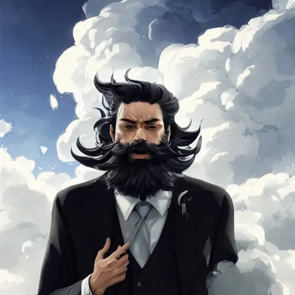 Prompt: Portrait of a man on the Clouds channelling Thunder, Big Dreamy Black eyes, anime wide eyes, Beautiful Smooth Skin, Black Suit, beautiful Intricate Beard, Symmetrical, Soft Lighting  detailed face, by leiji matsumoto, stanley artgerm lau, wlop, rossdraws, concept art, digital painting