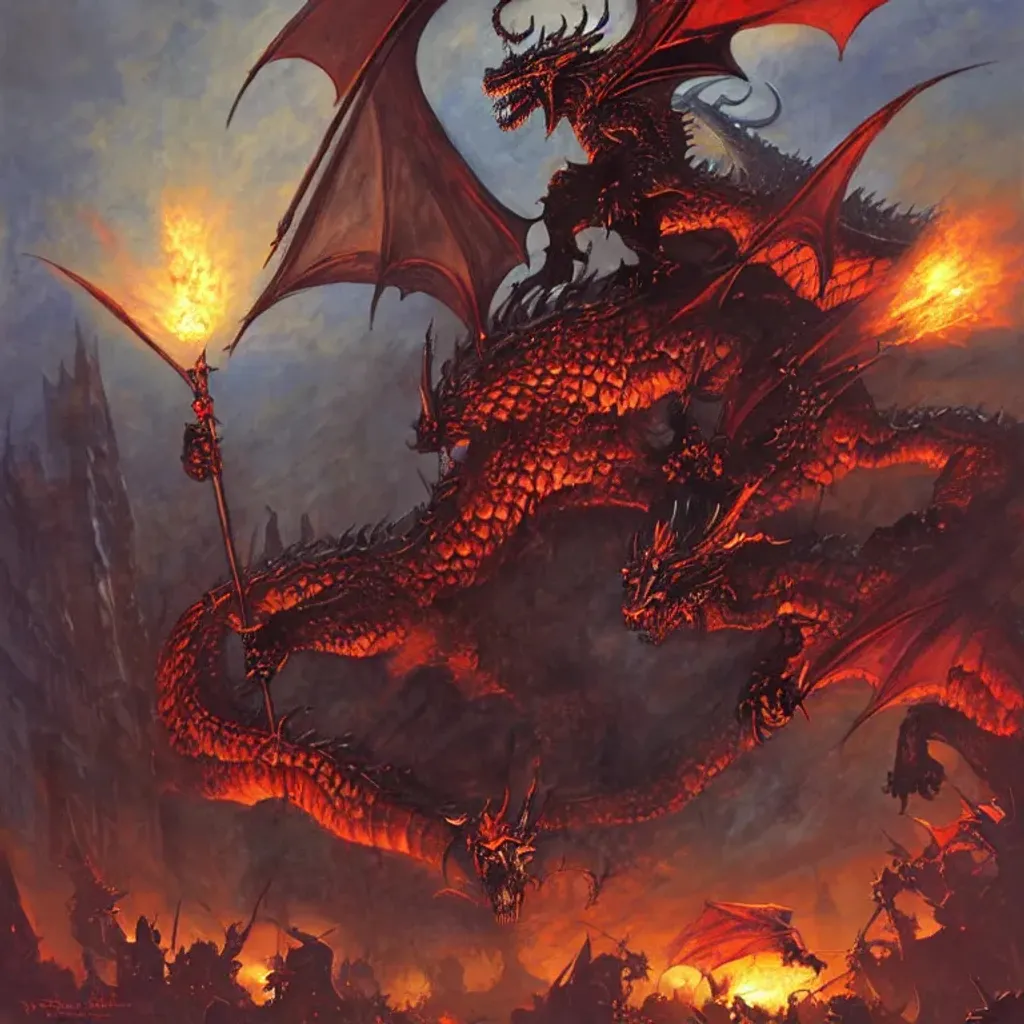 Prompt: Demonic Dragon Knight, heavy armed and armored, giant spears, fantasy art by Frank Frazetta, by Marc Simonetti, highly detailed, oil on canvas