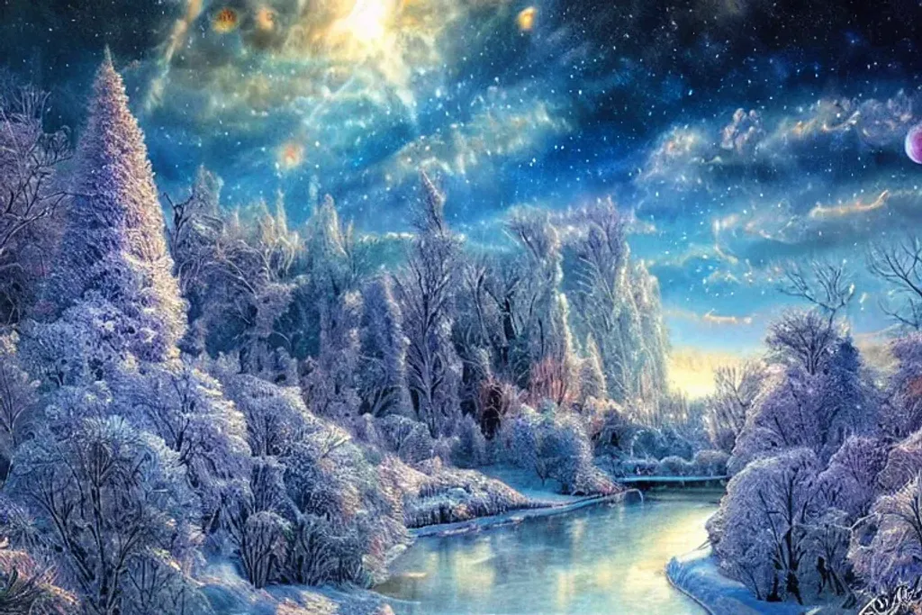 Prompt: Winter Wonderland, Beautiful Fantasy Landscape, Realistic And Natural, Cosmic Sky, Detailed Full-Color, Nature, Hd Photography, Fantasy By John Stephens, Galen Rowell, David Muench, James Mccarthy, Hirō Isono, Realistic Surrealism, Elements By Nasa, Magical, Detailed, Alien Plants, Gloss, Hyperrealism