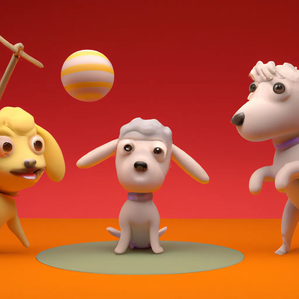 Prompt: Octane render of a humanoid sheep character teaching tricks to a couple of puppy dogs in the circus, style of pixar characters, dreamworks