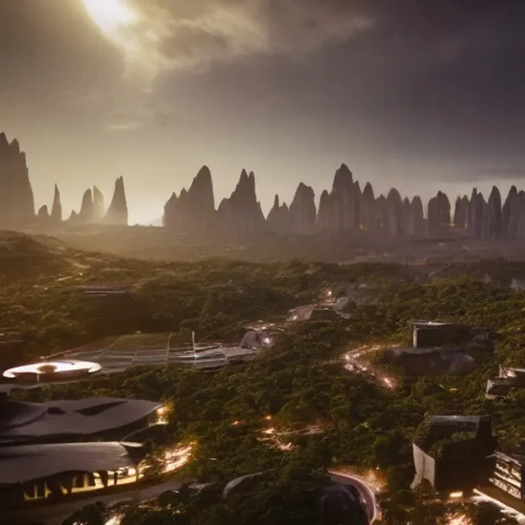Prompt: landscape of wakanda-inspired city on a snowy, hilly terrain, cinematic lighting, octane render, photorealistic.