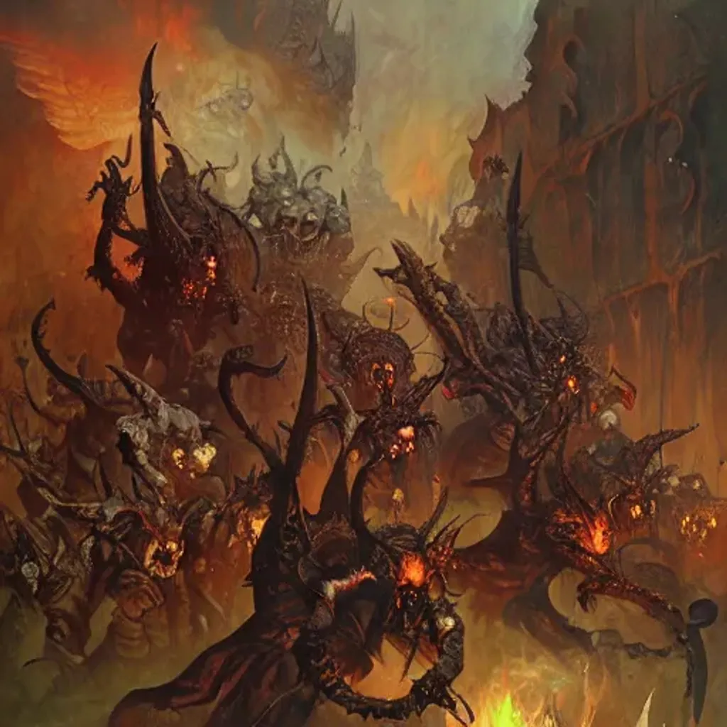 Prompt: highly detailed, demons of slaanesh, blades, legion of terror, dark fantasy art by Mark Simonetti and Frank Frazetta, oil on canvas