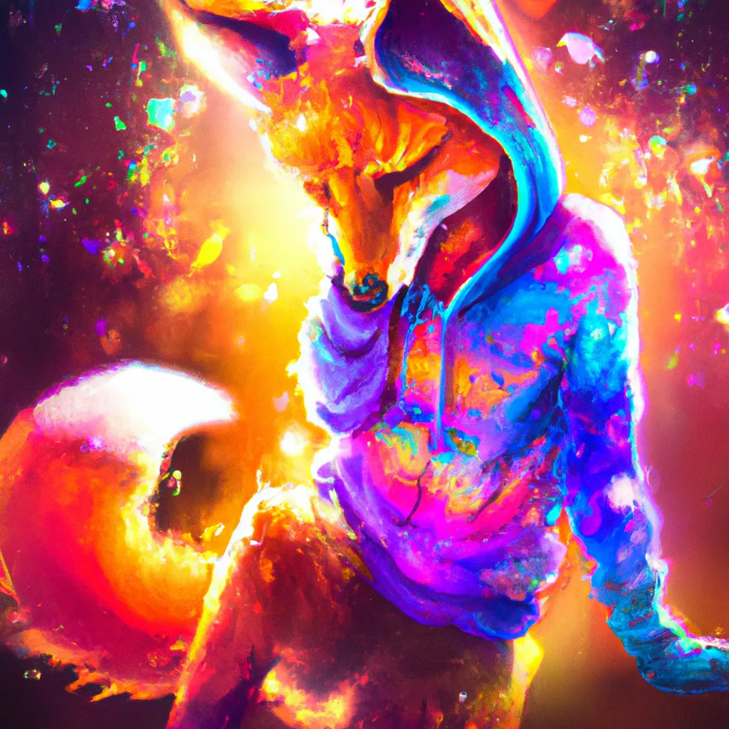 Prompt: A dreamlike state of color pastel high contrast of an anthro fursona female furry red fox wearing a purple cozy hoodie with constellations adorning the sleeves who's vertices are rainbow and shimmering in the light, main color red and blue, surface like an oil spill,  high detail, full animal, artstation, splash of color, dynamic lighting