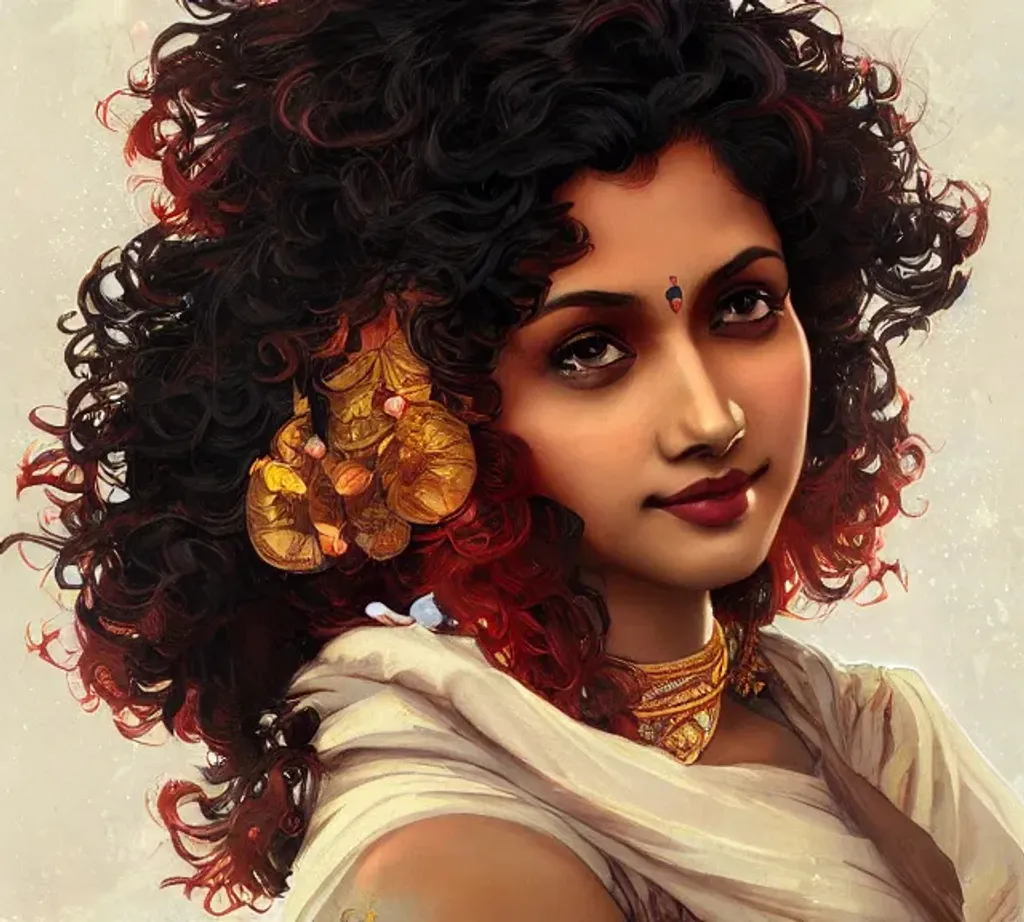 Prompt: beautiful curly hair dark-skin Indian lady with red hair, digital painting, artstation, art deco, smooth, sharp focus, illustration, 8K, art by Ross Tran and greg rutkowski and alphonse Mucha