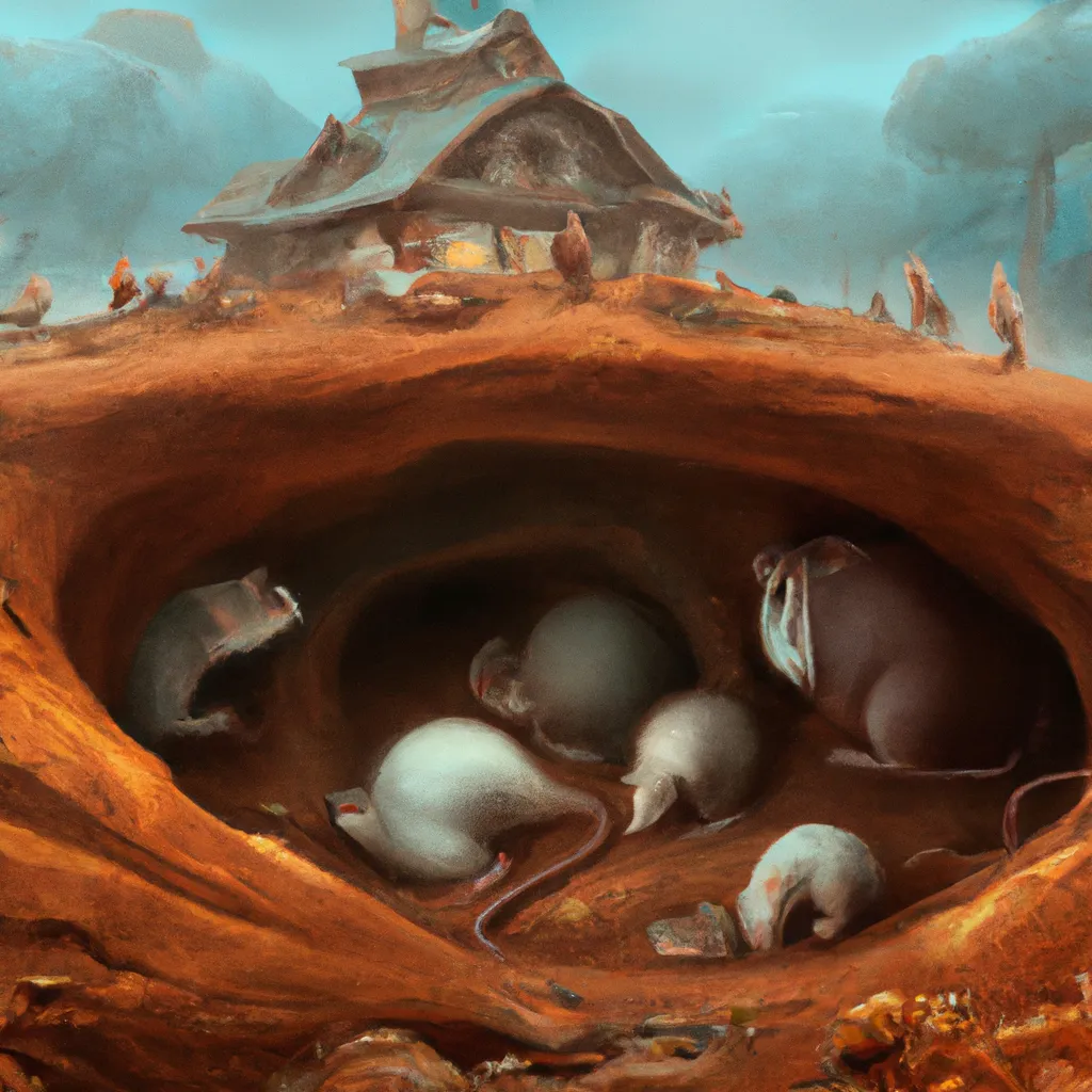 Prompt: mice living in their underground homes,  underground hole, underground burrow, side view, cross section view of the homes, digital art, art by Jessica Rossier, art by Stephan Martiniere, art by Caspar David Friedrich, Trending on ArtStation